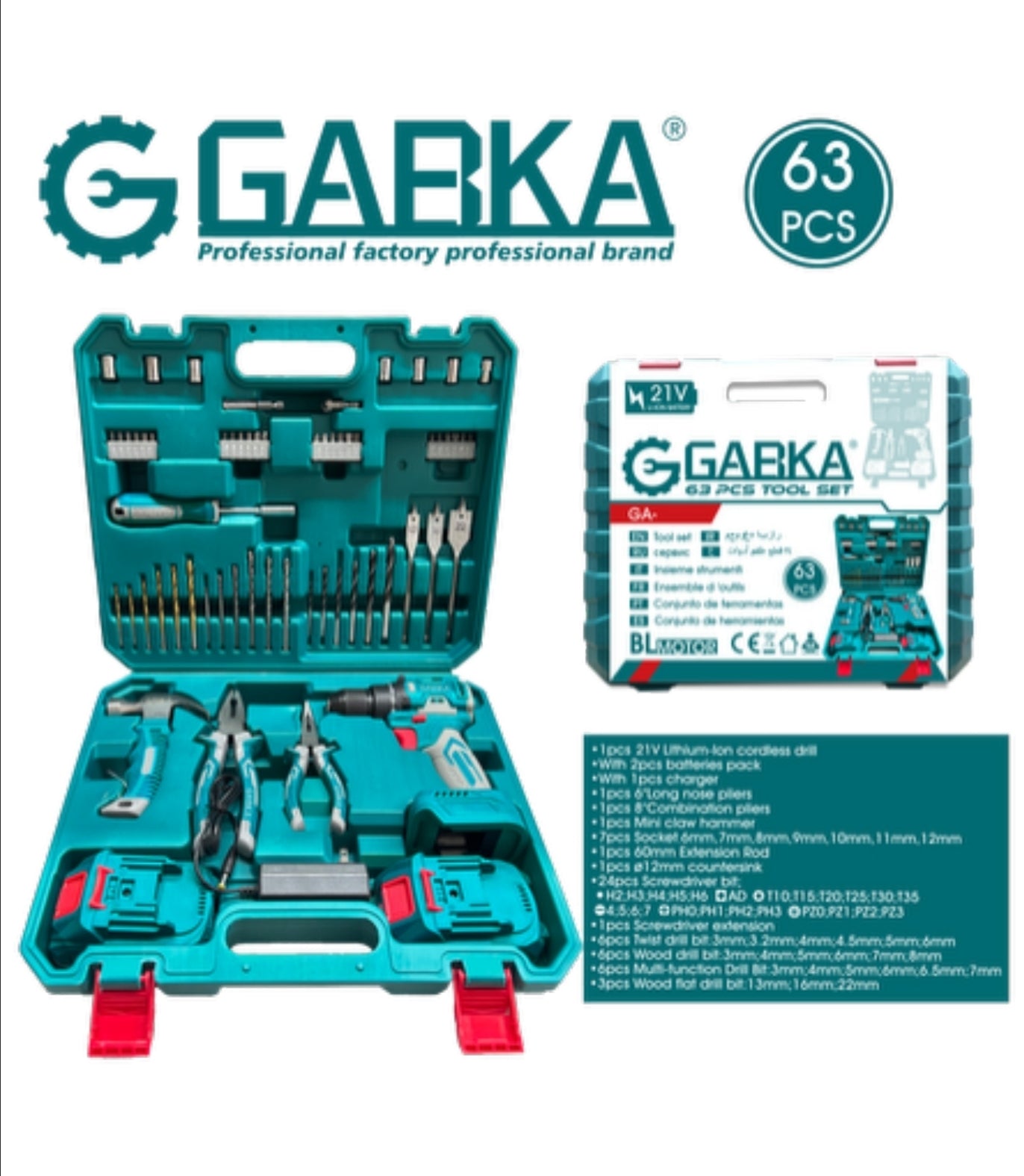 🔧 GABKA® Σετ Εργαλείων με Δραπανοκατσάβιδο Μπαταρίας Brushless 21V GA-88231 (63 τεμάχια, 2 Μπαταρίες & 1 Φορτιστής)