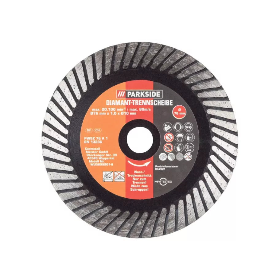 🔘 PARKSIDE PWSZ 76 A1 TURBO – Δίσκος Κοπής με Διαμάντι WET & DRY (76 mm x 1,0 mm)