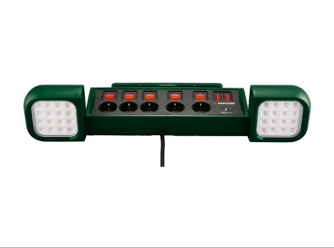 🔌🔦 Φωτισμός εργασίας PARKSIDE® LED »PASD 3680 A1«, με πολύπριζο 5 μπριζες με διακόπτη ON/OFF