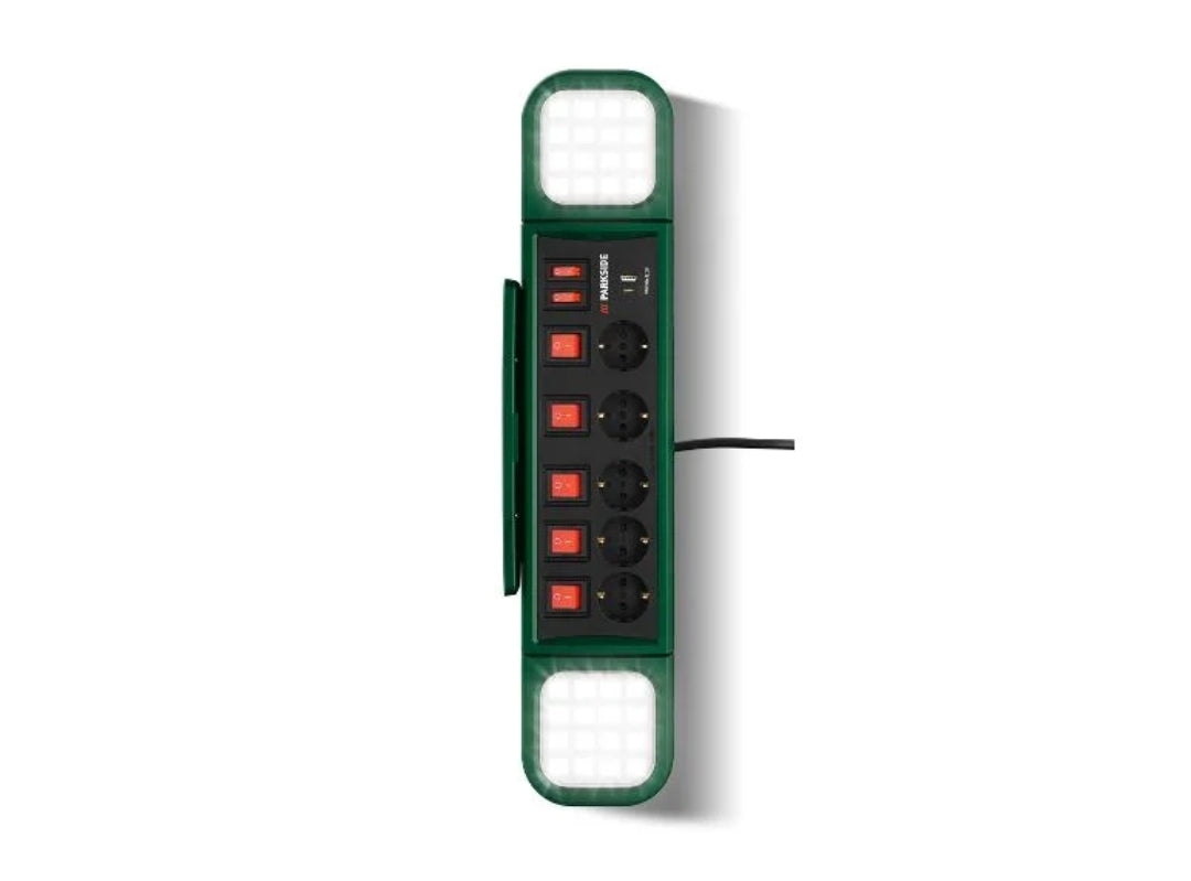 🔌🔦 Φωτισμός εργασίας PARKSIDE® LED »PASD 3680 A1«, με πολύπριζο 5 μπριζες με διακόπτη ON/OFF